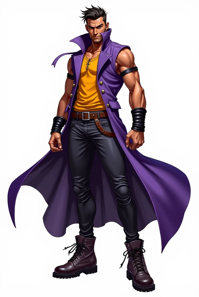 JJBA style, full body image, masterpiece, ultra-detailed, purple sleeveless trench coat, man, leather wristbands, White background, Tactical Boots, #fff800, #ffba00