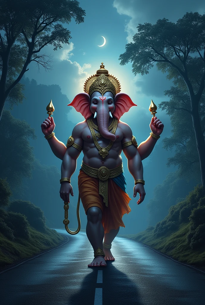lord Ganesh walking in road night time logo add IRAKALGADA GAJA TEXT