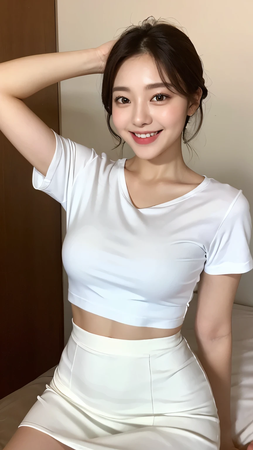 White tight shirt、White mini skirt、bed、smile、Short sleeve、High resolution、Korean idol face、double eyelid、White teeth、short hair