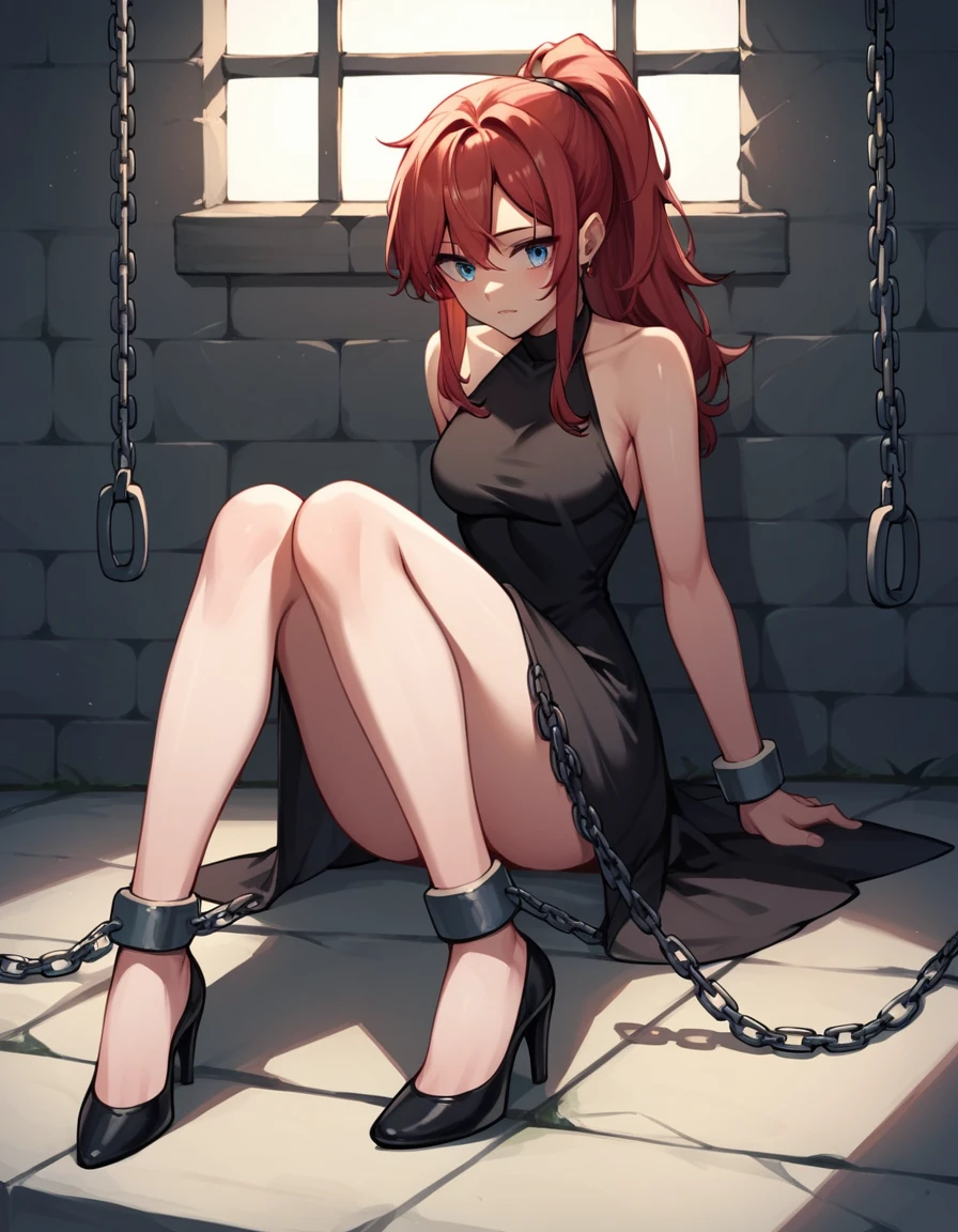 score_9, score_8_up, score_7_up, score_6_up, score_5_up, score_4_up, source_anime, 1girl,sit, red hair, ponytail, blue eyes, shackles, arms, w-w-chain, put on, loose hair, black dress, black high heels, dungeon, best quality, best res, 4K UHD,