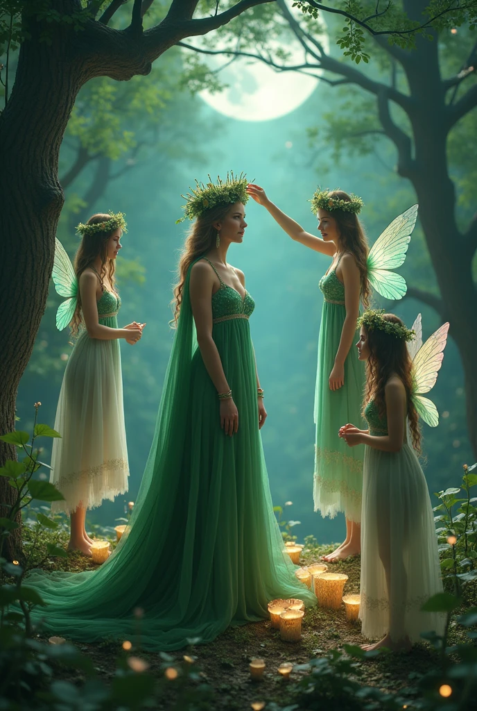 An enchanting ceremony within a moonlit glade, where a gathering of ethereal fairies adorned in gossamer garments and shimmering wings surround the newly crowned elf queen. She stands gracefully atop a velvety mushroom throne, her slender figure cloaked in an emerald gown that blends with the foliage. The queen's features are sharp yet delicate, with piercing eyes reflecting the soft luminescence of the surrounding forest. A bejeweled crown, crafted from intertwining vines and leaves, is gently placed upon her head by the delicate hands of the fairies. Their wings, a kaleidoscope of pastel hues, flutter in unison, casting a gentle glow across the scene. The forest floor is a tapestry of bioluminescent fungi and dewy petals, emitting a faint, otherworldly light that bathes the group in a soft, mystical ambiance. In the background, ancient trees with twisted trunks stand tall, their canopies entwined with vines and fairy lights, creating a natural cathedral to enclose the sacred moment. The atmosphere is suffused with an air of reverence and joy as the fairies bestow their blessings upon the queen, whose reign promises to harmonize the realms of magic and nature.