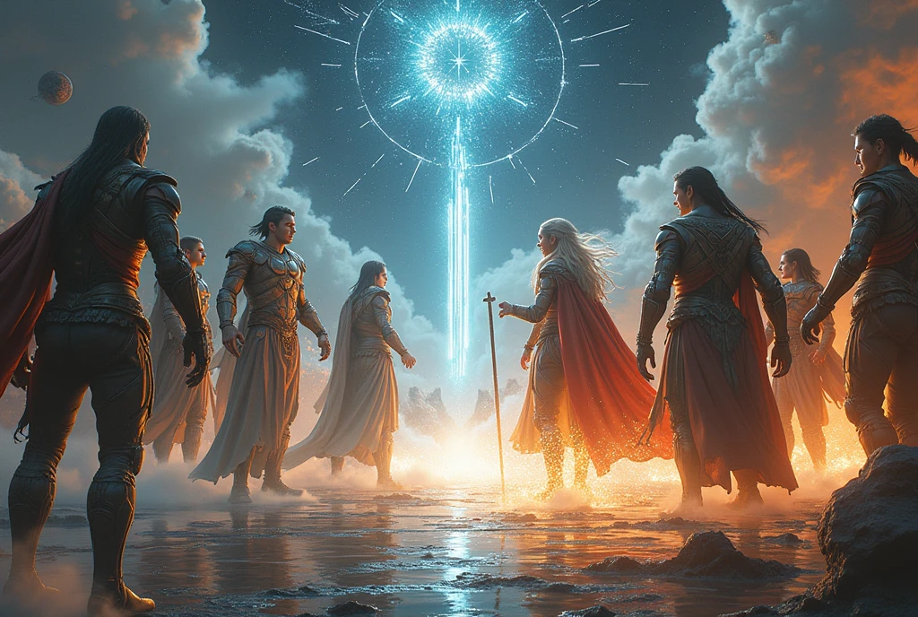 Create a scene where ancient gods from different mythologies gather in a celestial arena suspended in the heavens. The sky is filled with constellations that resemble mythical creatures, while the arena itself is adorned with symbols from various cultures. Each god is depicted with their unique attributes, but with modern, high-tech enhancements, such as armor made of light or weapons that seem to defy the laws of physics. The ground beneath them is a blend of the elements, shifting between fire, water, earth, and air.