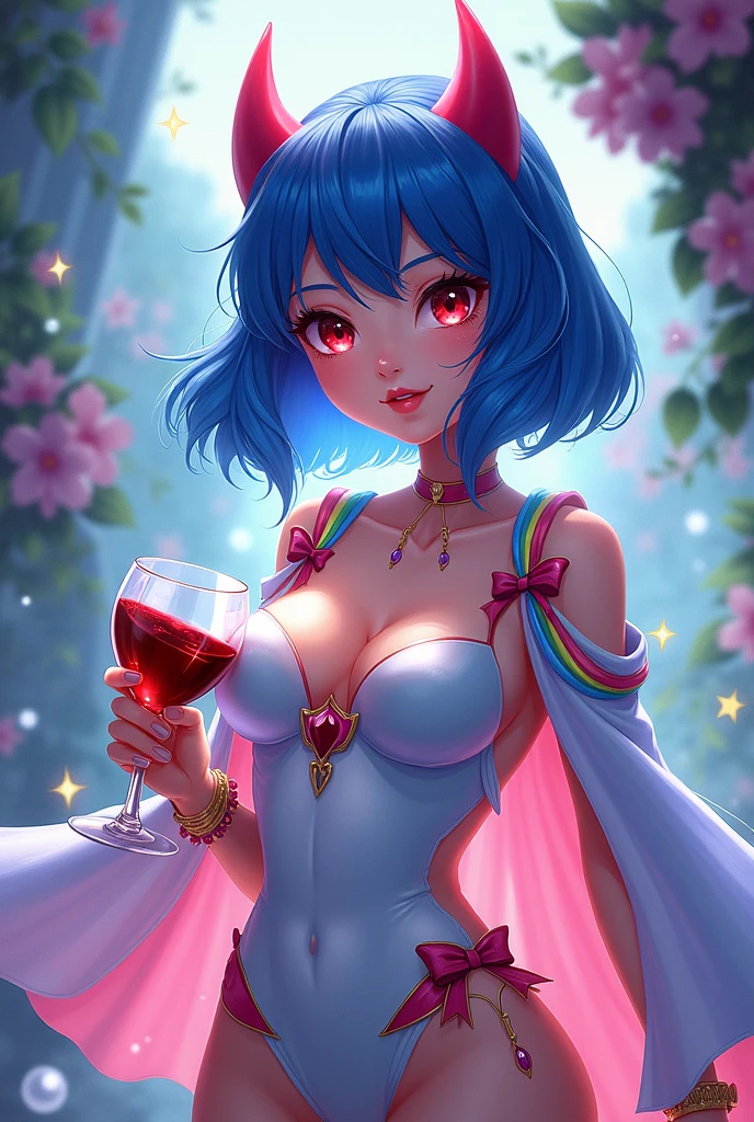 Create a stunning cartoon female character with devil horns, a glass of wine in hand with a blue anime face, with unicorn outfit