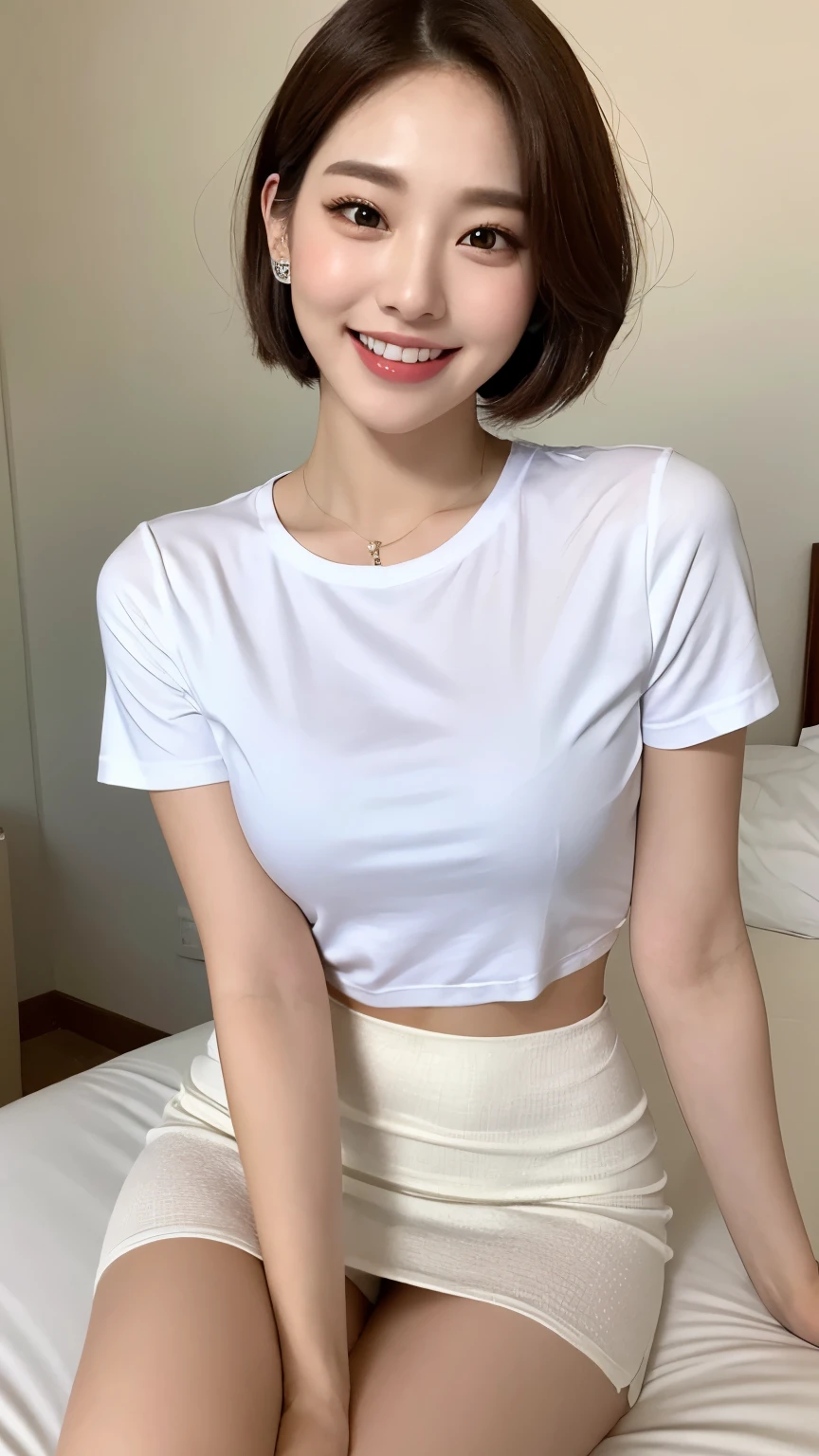 White tight shirt、White mini skirt、bed、smile、Short sleeve、High resolution、Korean idol face、double eyelid、White teeth、short hair