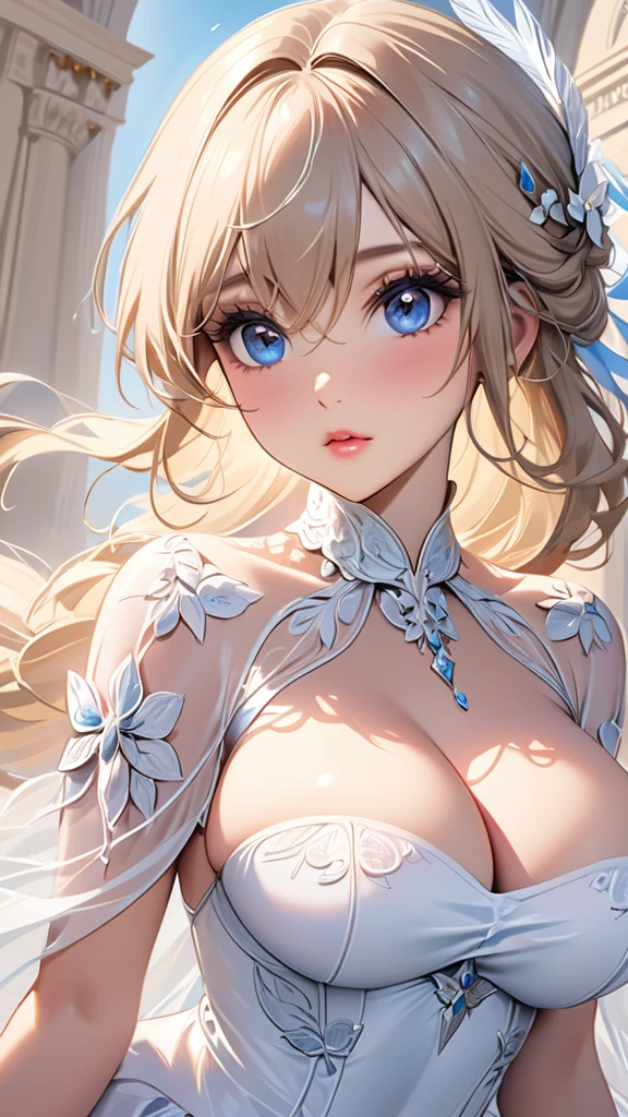 masterpiece:1.4,best-quality,Super Detail,Very Delicate and Beautiful, ((( erotic photo ))), (( A beautiful woman )), beige hair, gigantic breasts, beautiful eyes