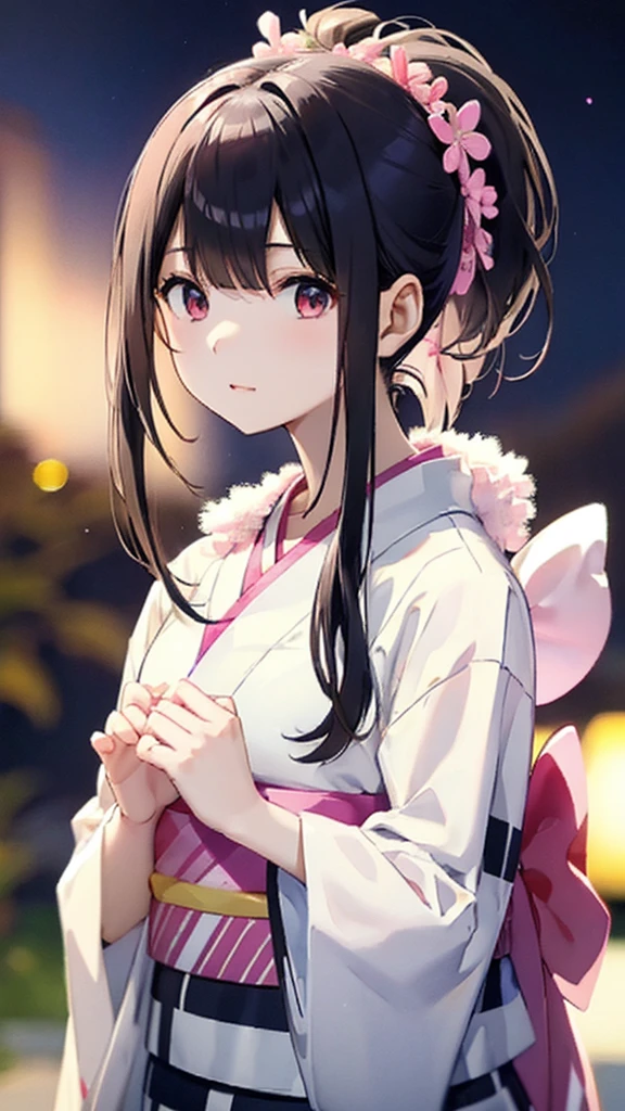 Black Hair、refreshing、A stylish background、ponytail、clear、Summer Yukata、Pale white and pink、Summer night sky、