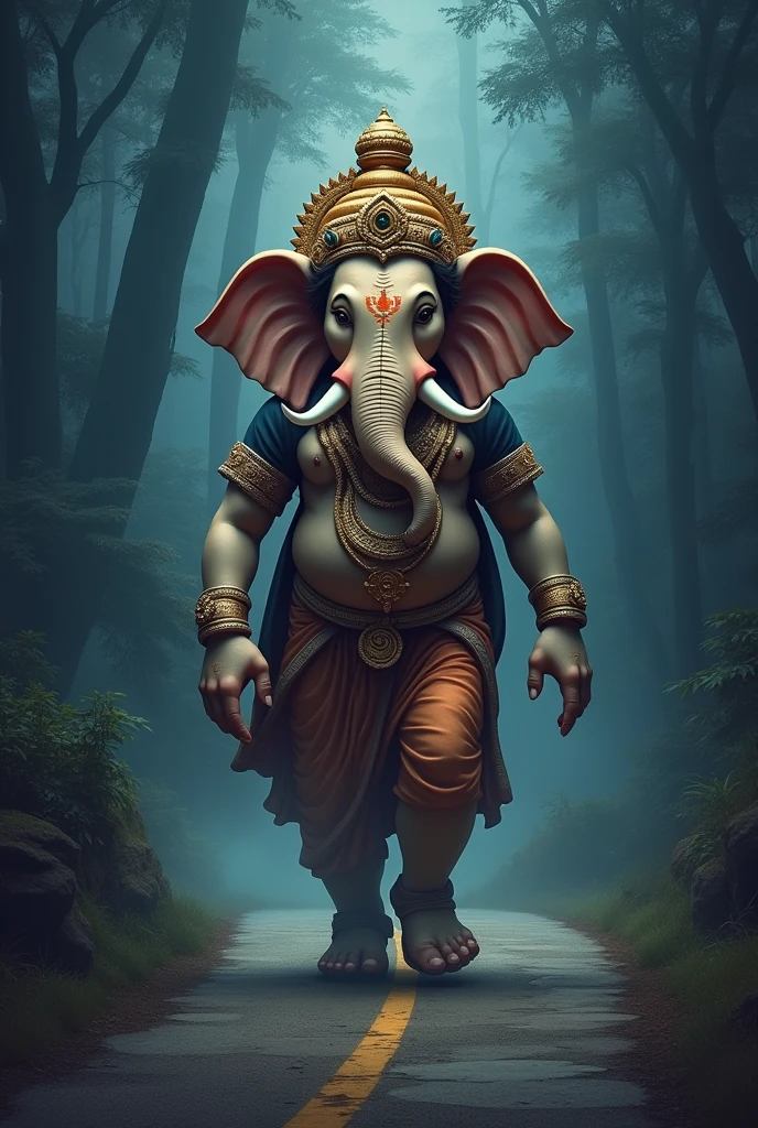 lord Ganesh walking in road night time logo add IRAKALGADA GAJA TEXT