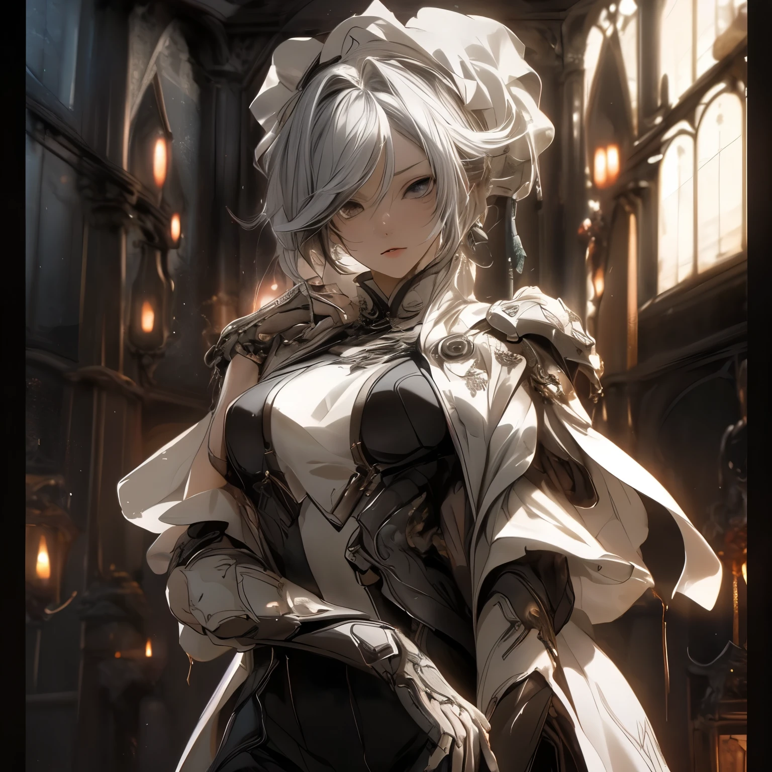 (best quality)), ((Masterpiece)), (details:1.4), 3d, HDR (high dynamic range), an image of a beautiful cyberpunk female, fantasy, Cyberpunk, Medieval, Black hair, Highi ponytail, Hips up, Beautiful white eyes, จมูกโด่ง, ปากแดง, หน้าอกใหญ่, nvidia RTX, PBR surface, After processing, Anisotropic filtration,depth of field, Maximum clarity and clarity, multi-layered surface, Subsurface scattering, perfect proportions, 8K raw files, ultra detailed, Perfect proportions, volumetric lighting, soft lighting, Holy Paladin, Heavy Black Armor, glossy skin, intricate silver embroidery, chapel background, jewely, ต่างหู, นิ้วมือสมบูรณ์,