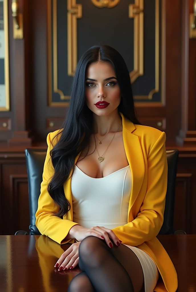 ultra realistic, photography, long black straight hair, elegant hair, (30 years old, hazel eyes, hourglass figure, perfect fit body, natural big breasts), firtatious look, crimson red lipstick, femme fatale, long eyelashes, cat-eye make-up, (best quality,4k,8k,highres,masterpiece:1.2),ultra-detailed, secretary, female, glasses, short white dress, Yellow overshirt, black pantyhose, heels, sitting at the front desk of huge law firm, HDR, 8k, absurdres, cinestill 800, sharp focus, add_detail:2, (solo, woman), full body, wide angle, extreme wide angle