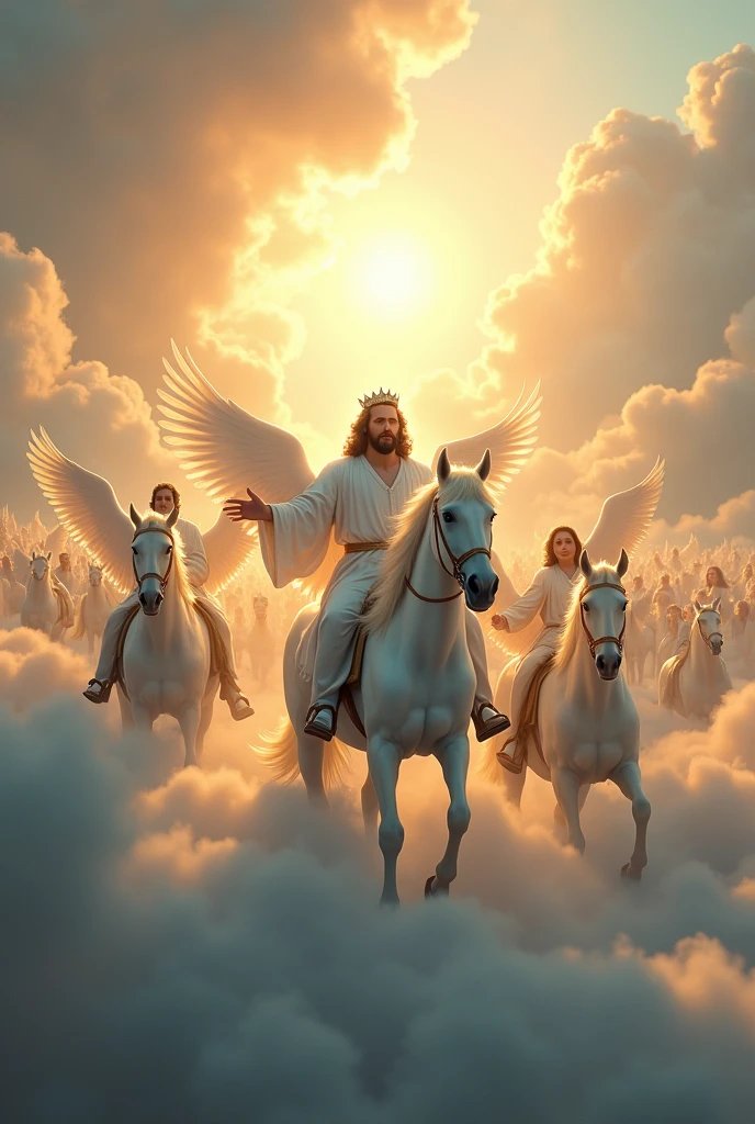 Make me a photo of Jesus riding a white horse, he shines like the sun, behind him are thousands of angels riding horses, above the clouds, very realistic, He wears a crown