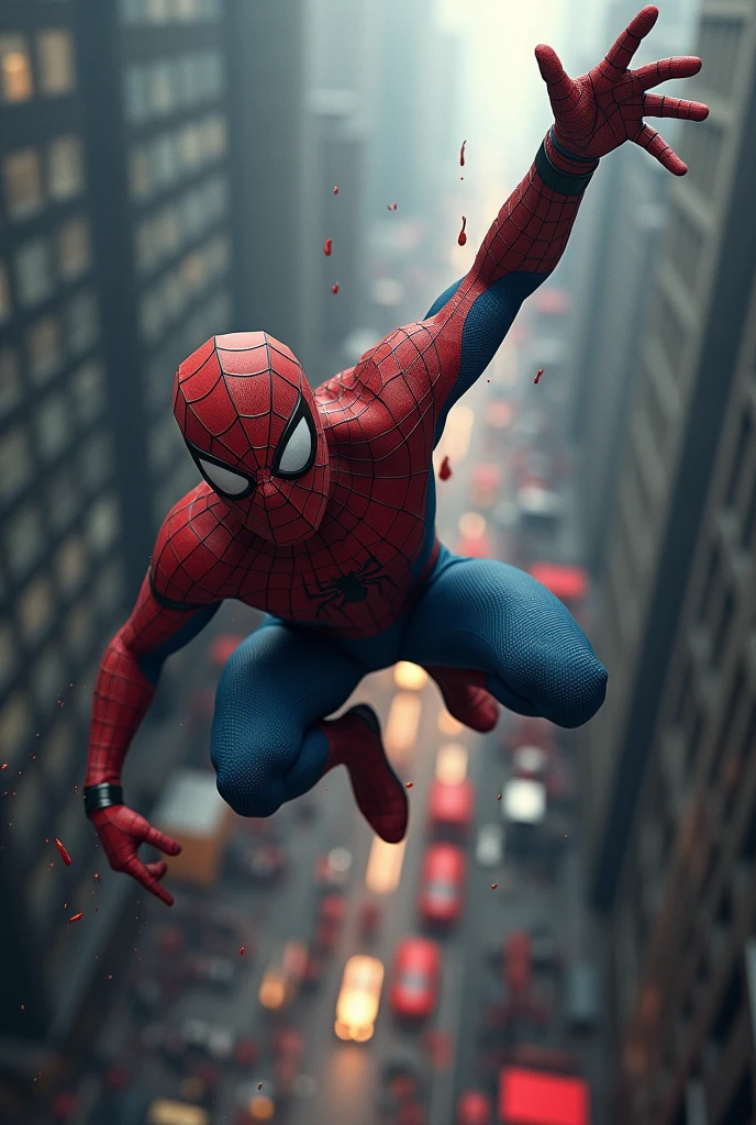 Spiderman fall at ground with blood