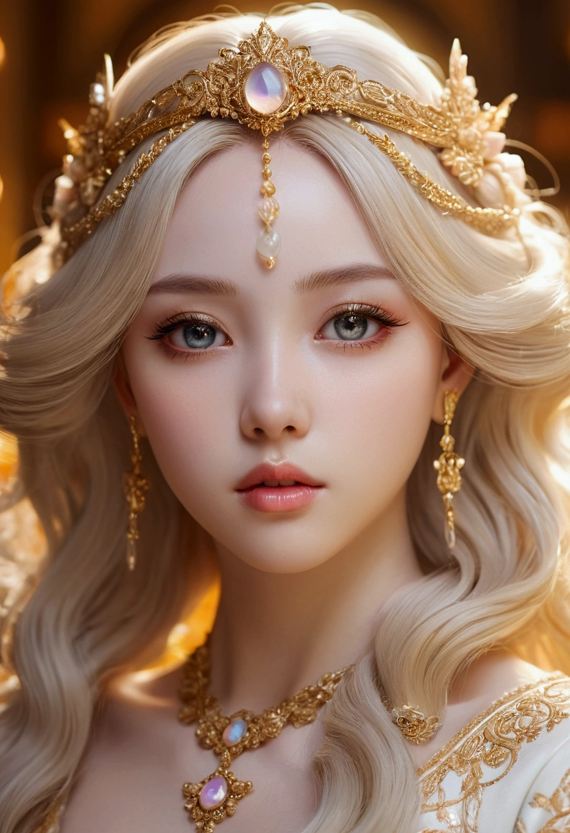 a beautiful anime girl, detailed eyes, detailed lips, long eyelashes, flawless porcelain skin, delicate facial features, flowing vibrant hair, elegant posture, intricate ornate hairpiece, golden hued lighting, dreamy soft focus, pastel color palette, cinematic composition, digital art, highly detailed, photorealistic, masterpiece