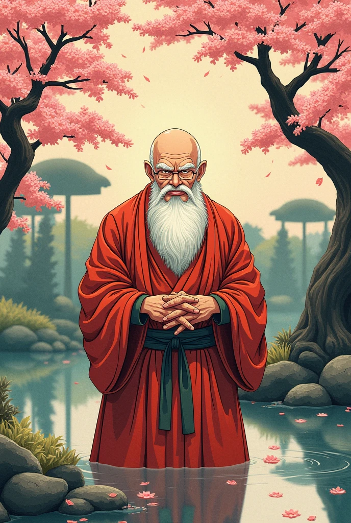 Master Roshi, the legendary martial arts master from Dragon Ball, portrayed in a traditional Japanese ukiyo-e woodblock print style, with vibrant colors, dynamic brush strokes, and intricate detailing, capturing his wise and mischievous character. Master Roshi depicted in a serene garden setting, surrounded by cherry blossom trees and a tranquil pond, embodying the essence of traditional Japanese artistry. --ar 1:1 --s 150 --c 5