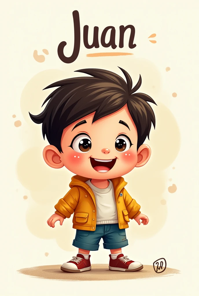 Draw. A children with name Juan with text JUAN JP 100T in upper