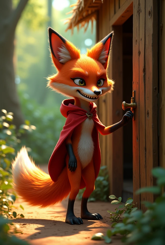 closeup 3D illustration, (1male fox:1.2), (sinister yet playful expression:1.5), dangerously playful, dark humour, wearing a red cape and a red hoodie standing on its too feet like a cartoon character, lean build, (disproportionate body long nose and mouth), (smiling notoriously with expression of ), (realistic fur texture), (jungle background:1.4), standing and knocking the door of a straw house, sunlight filtering through the trees, (soft lighting:1.3), (green and earthy color scheme:1.3), (highly detailed), (ultra quality:1.3), (masterpiece), (digital art), 8K resolution, HDR, depth of field, (soft shadows), (photorealistic:1.3), (animation:1.2), (by Greg Rutkowski:0.9), (in the style of Alphonse Mucha), trending on ArtStation, award-winning art