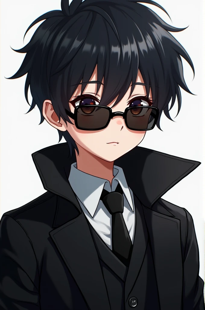 A boy wearing black jakat,a black sunglass,anime Type, black tai