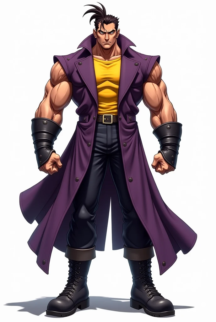 JJBA style, full body image, masterpiece, ultra-detailed, purple sleeveless trench coat, man, leather wristbands, White background, Tactical Boots, shirt #ffba00