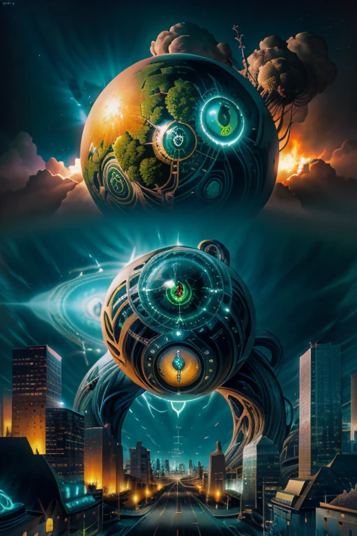 ( Surrealism ) a Surreal scene involving a mythical tree with a shadow human with eyeballs and melting clocks, nuclear explosion, upside down city, crawling confusing chaos, ethereal and divine, photorealistic, 8k, hyper detailed, dramatic lighting, vibrant colors, surreal and abstract,