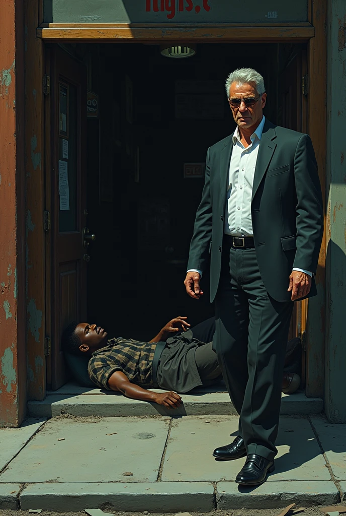 A white man walks past a bar with a disgusted look on his face as two black men lie drunk on the bar floor.