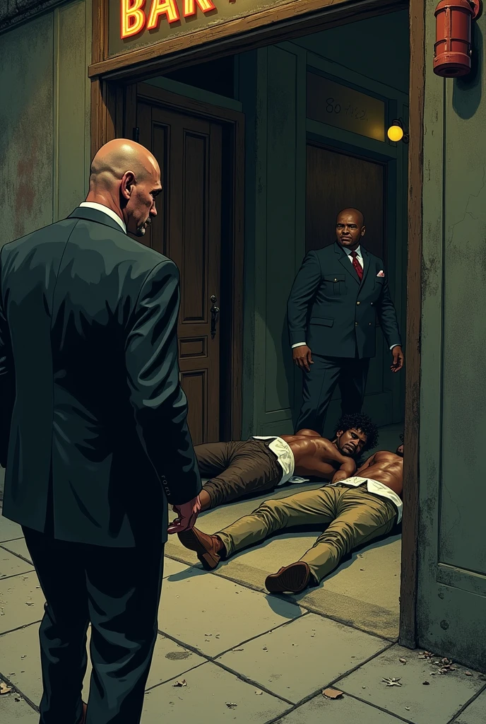 A white man walks past a bar with a disgusted look on his face as two black men lie drunk on the bar floor.