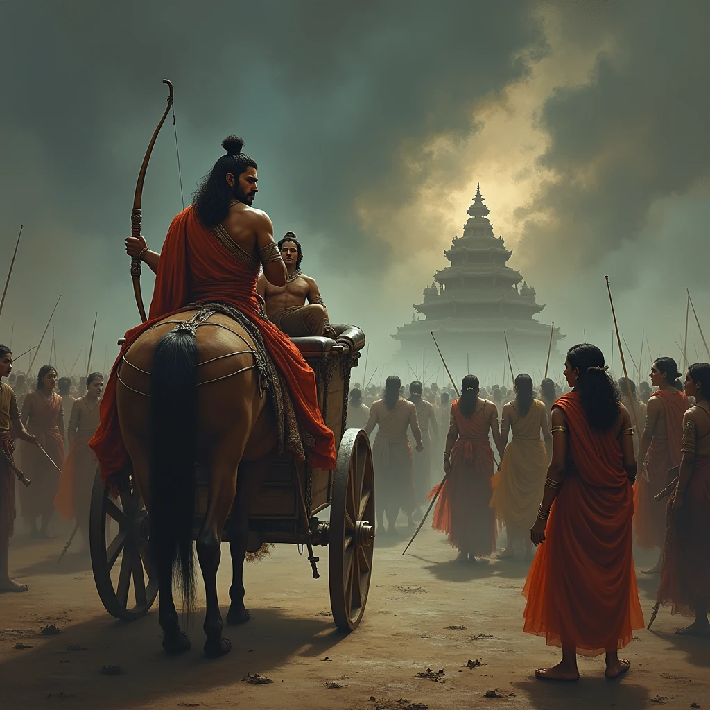 On the battlefield, visualize Arjuna in his chariot, his face etched with deep worry and sorrow. He is pointing towards the chaos around him, where the traditional societal structures are collapsing. Show the battlefield filled with confusion and disorder. In the foreground, depict spectral images of women from different families, their appearances becoming corrupted and distorted, symbolizing the degradation of moral values and the resulting chaos. These figures should appear distressed and disheveled, reflecting the loss of virtue and integrity. In the distance, the battlefield is shrouded in dark, swirling mists, representing the rise of adharma (unrighteousness). Krishna stands beside Arjuna, his expression calm yet serious, providing a counterpoint to Arjuna’s distress. The scene should emphasize the breakdown of social order and the moral crisis unfolding in the midst of the war