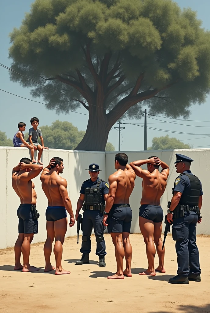 Five strong, muscular men standing in their underwear with their hands raised behind their heads being searched by two police officers in tactical gear in a field with a white wall, Sandy ground, a big tree in the background. Two boys sitting on the wall watching.