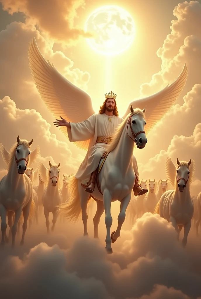 Make me a photo of Jesus riding a white horse, he shines like the sun, behind him are thousands of angels riding horses, above the clouds, very realistic, He wears a crown
