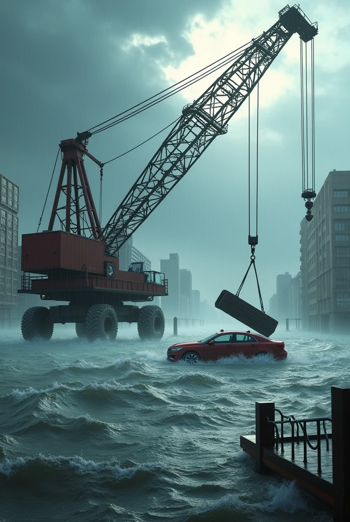 Crane Save Furniture Car in a heavy sea flood