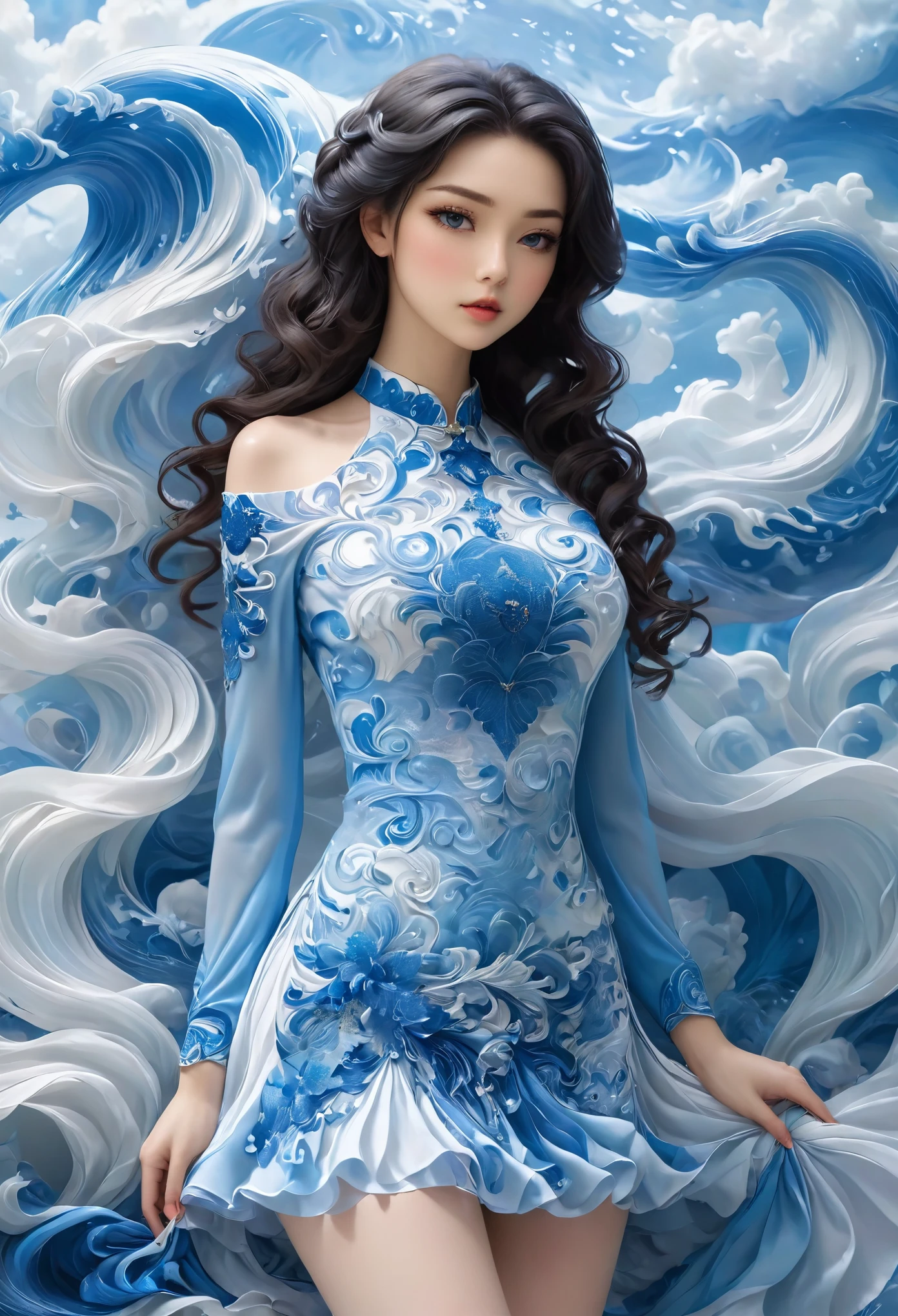 Miss,2,Wavy black hair,Height 171 cm,Skin is white, smooth and tender,The measurements are 38F,23, 35,Beautiful facial features,Wearing a blue uniform,The skirt is a close-fitting narrow skirt,The skirt is very short,Tightly wrapped, round, firm and tight、Elastic and attractive buttocks,No stockings,Revealing a pair of round, firm, slender and well-proportioned white legs,A nine-headed beauty with long legs。Cool and stunning,Very charming,