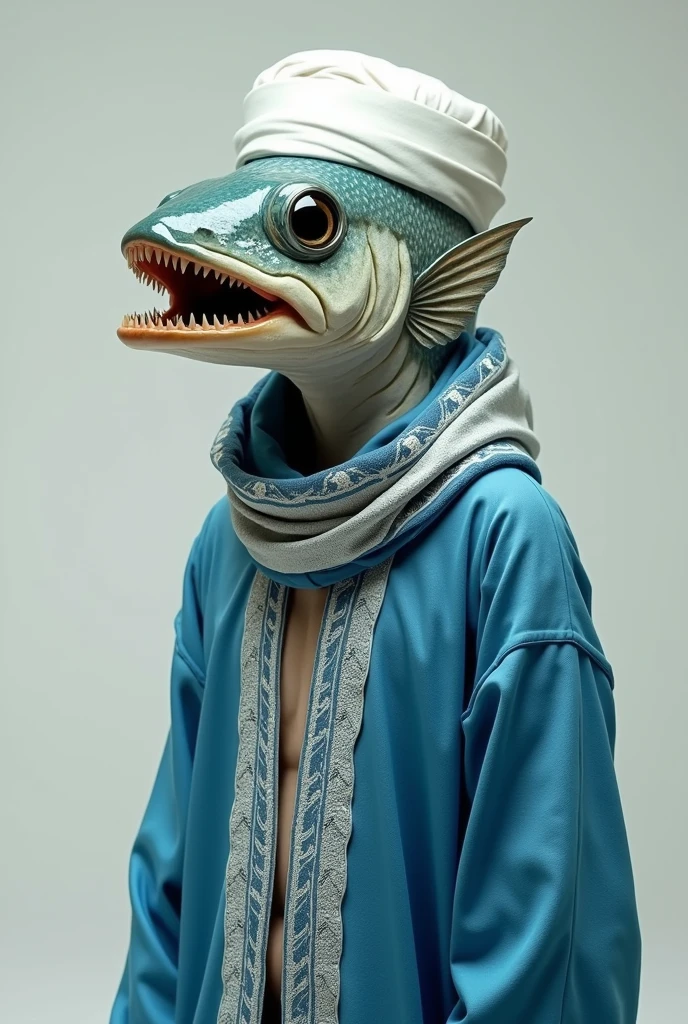 Fish face, wearing muslim white cap,Body of musim human wearing Blue nd white mix muslim lungi

