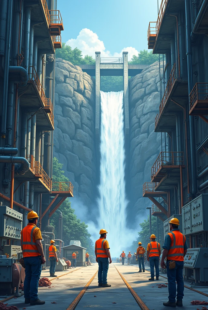An illustrative cover, of people doing maintenance work inside a hydroelectric power plant, with their respective security equipment.