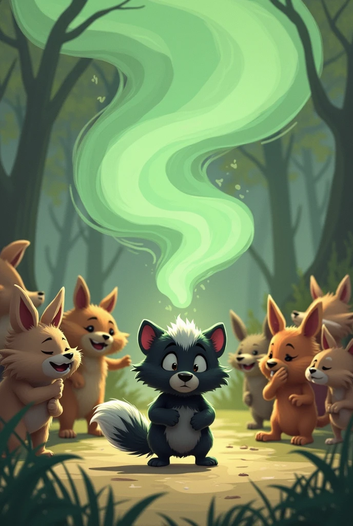 Some animals are scared, covering their noses and some are holding their breath while a sad skunk walks by releasing a stinky green one., that it is in 2D animation
