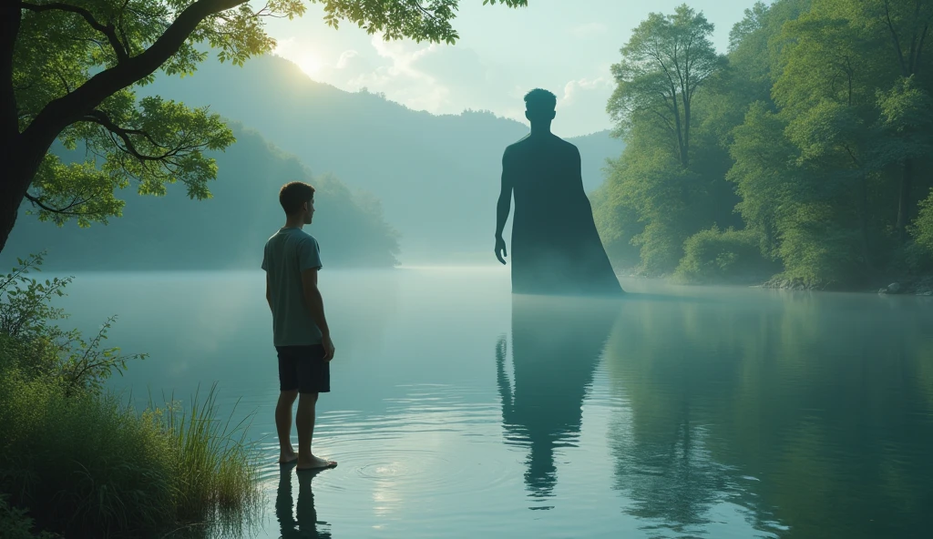 A person looking at their reflection in a calm lake, seeing a transformed, more confident version of themselves in the reflection.