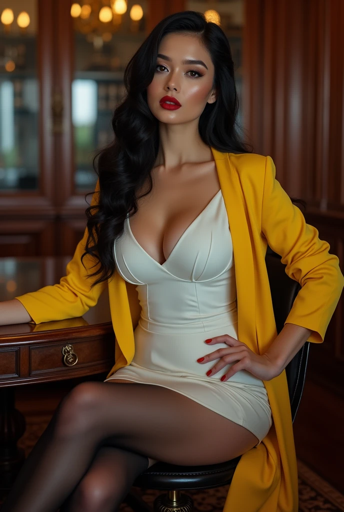 ultra realistic, photography, long black straight hair, elegant hair, (30 years old, hazel eyes, hourglass figure, perfect fit body, natural big breasts), firtatious look, dark red lipstick, femme fatale, long eyelashes, cat-eye make-up, (best quality,4k,8k,highres,masterpiece:1.2),ultra-detailed, secretary, female, glasses, short white dress, Yellow overshirt, black pantyhose, heels, sitting at the front desk of huge law firm, HDR, 8k, absurdres, cinestill 800, sharp focus, add_detail:2, (solo, woman), full body, wide angle, extreme wide angle