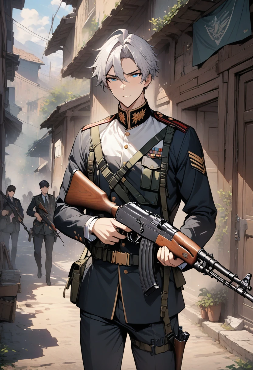 masterpiece, best quality, 1 , Cowboy shooting, exquisite eyes, Uniform, AK 47, AKM, Kalashnikov_rifle, assault_rifle, Keep_gun