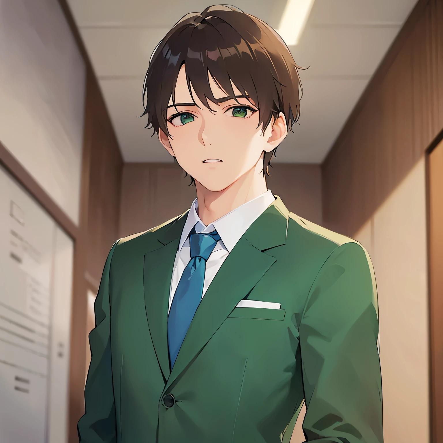 upper body、masterpiece、Highest quality、(2 male:1.5) and (Brown short hair) and (Green Eyes), (Wearing a suit:1.3) and (Blue tie)、Are standing、surprised、Background is an office room、alone