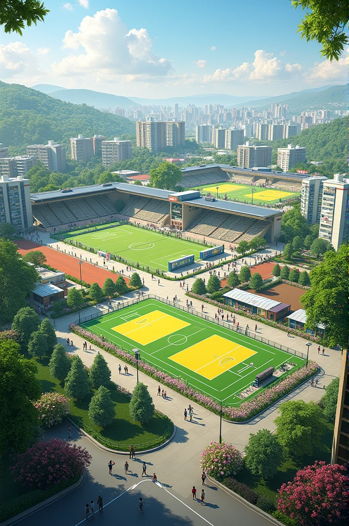 Generate a sports unit with commercial buildings around with green areas with flowers 