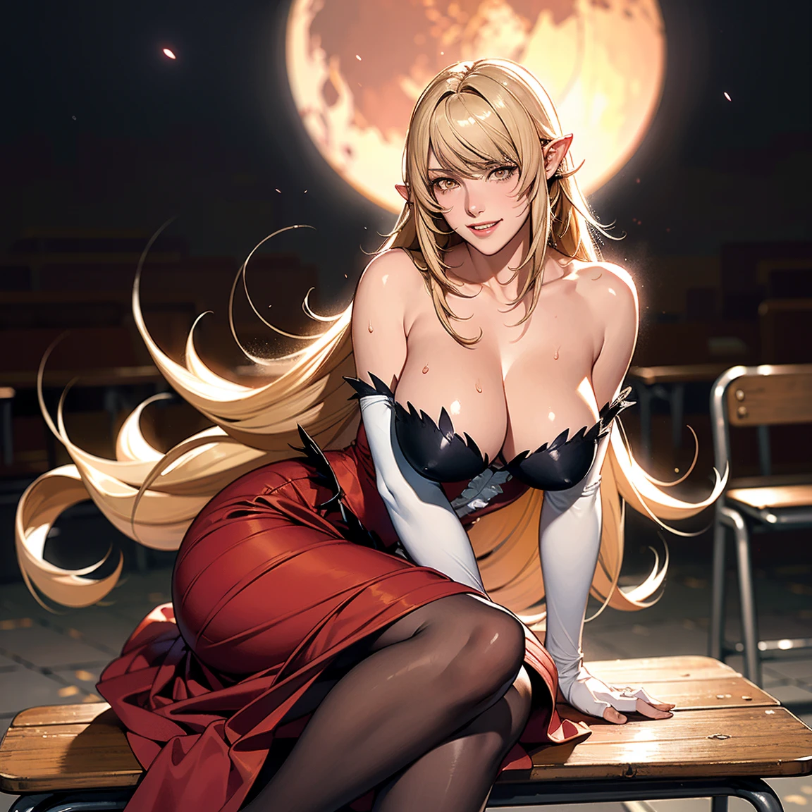 ((Master quality, 8K, masterpiece:1.3, ultra-detailed, high resolution, RAW Photos, detailed , blurry, Actual, ((hyper realistic)), photo, HDR)), BREAK, Anatomically perfect, perfect hands, perfect legs, perfect feet, detailed eyes, BREAK, , kissshotms, absolutely long blondehair, yellow eyes, Pointy Ears, tooth, One woman alone, BREAK, beautiful face, beautiful detailed eyes, (((sitting School Chair, , , , ))), , ( Round and Stacked Breasts, ), Cleavage, curvy, (((, evil grin ))), Sweat-soaked skin, BREAK, wearing( , red dress, pantyhose, long skirt, dress skirt, , Loincloth fundoshi, Wet:1.5, ), ((a hiltless katana, )), , Graffiti art, BREAK, ( Random Angle, full-body, ), dynamic angle, , background(Realistic , cinematic lighting, depth of field, outdoor, Abandoned Building, messy Tattered room, too many School Chairs, School desks, A flirty atmosphere, night, Red full moon, light particles)