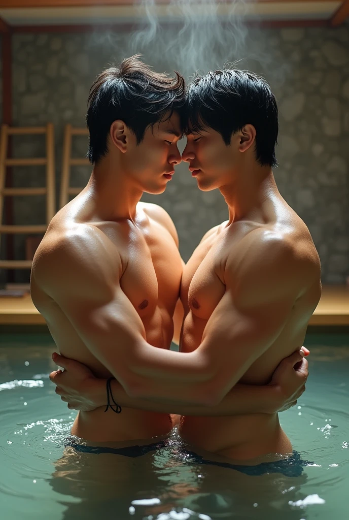 two handsome and muscular Japanese young men in early twenties、Public bath、cuddling, blushing, Completely naked