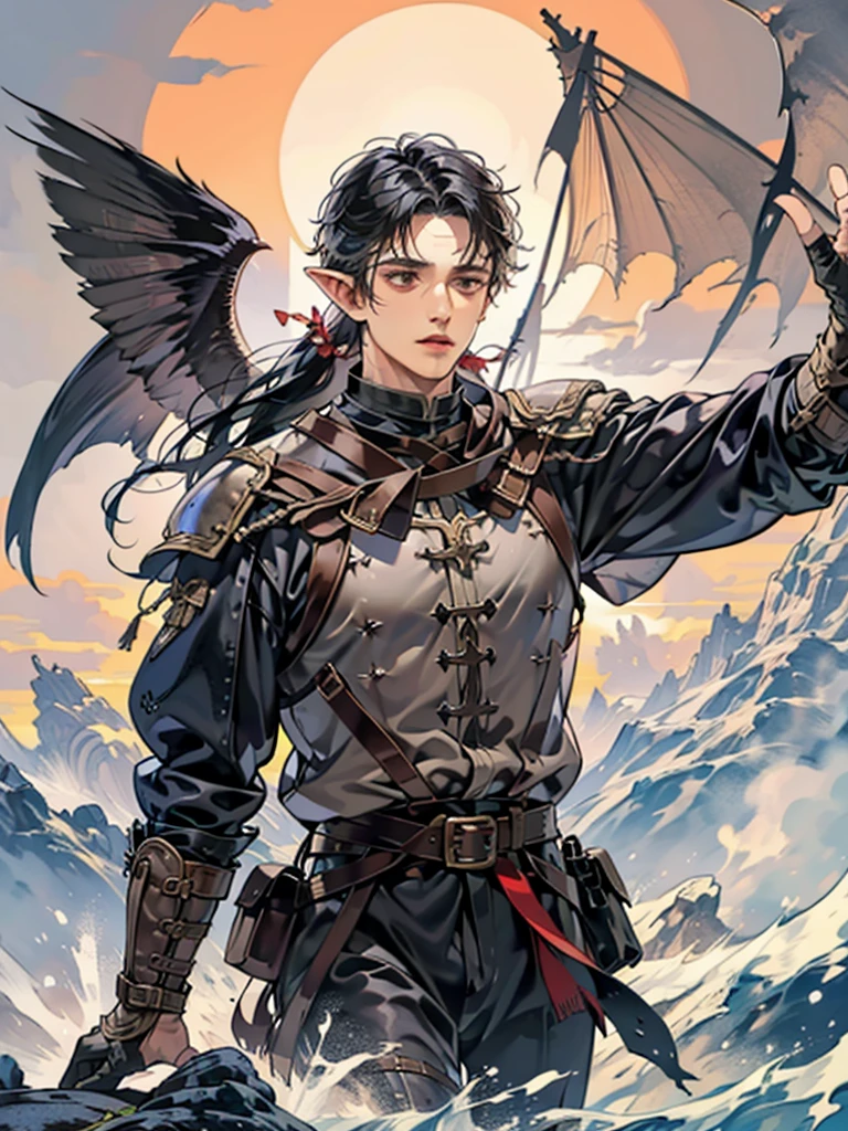 (best quality, high definition) adult 1 male elf, mystic archer, archery, long black hair, gray eyes, expressive detailed face, middle ages, dnd character, adventurer, winter medieval background