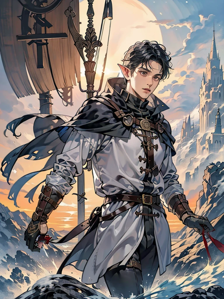 (best quality, high definition) adult 1 male elf, mystic archer, archery, long black hair, gray eyes, expressive detailed face, middle ages, dnd character, adventurer, winter medieval background