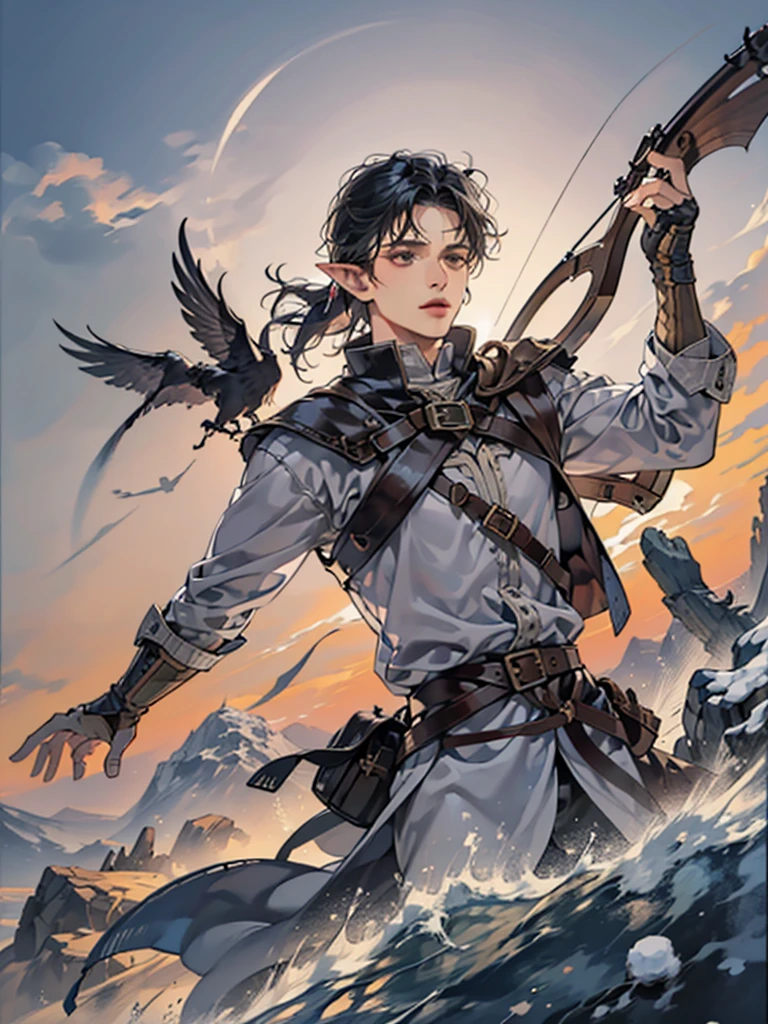 (best quality, high definition) adult 1 male elf, mystic archer, archery, long black hair, gray eyes, expressive detailed face, middle ages, dnd character, adventurer, winter medieval background