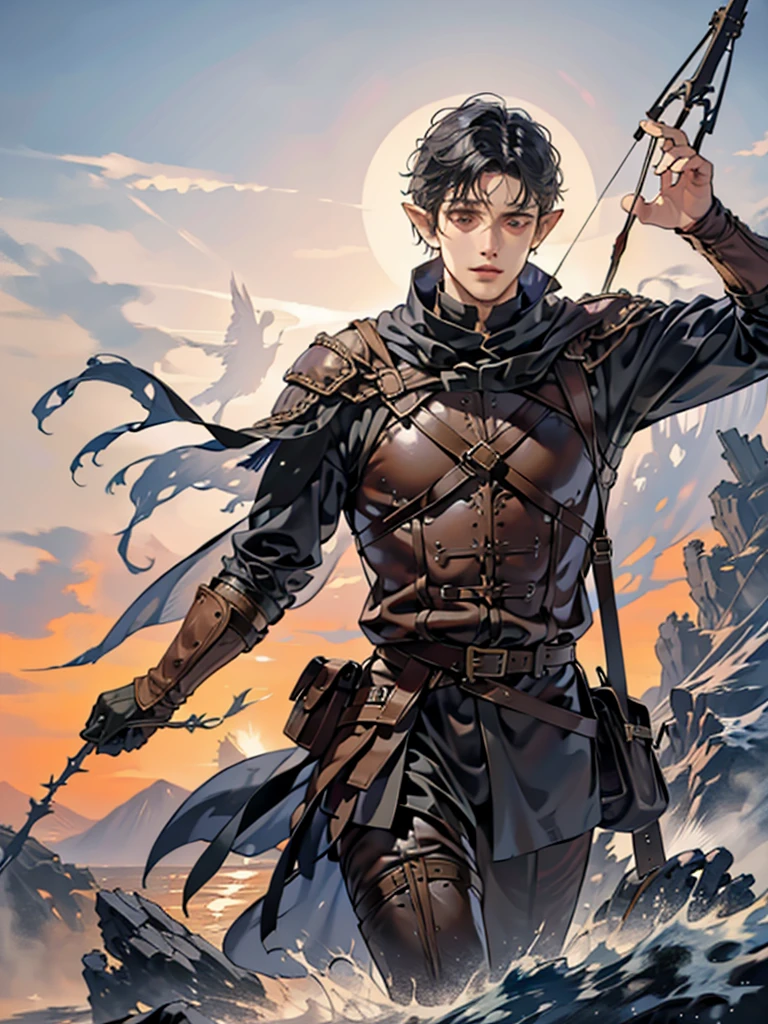 (best quality, high definition) adult 1 male elf, mystic archer, archery, long black hair, gray eyes, expressive detailed face, middle ages, dnd character, adventurer, winter medieval background