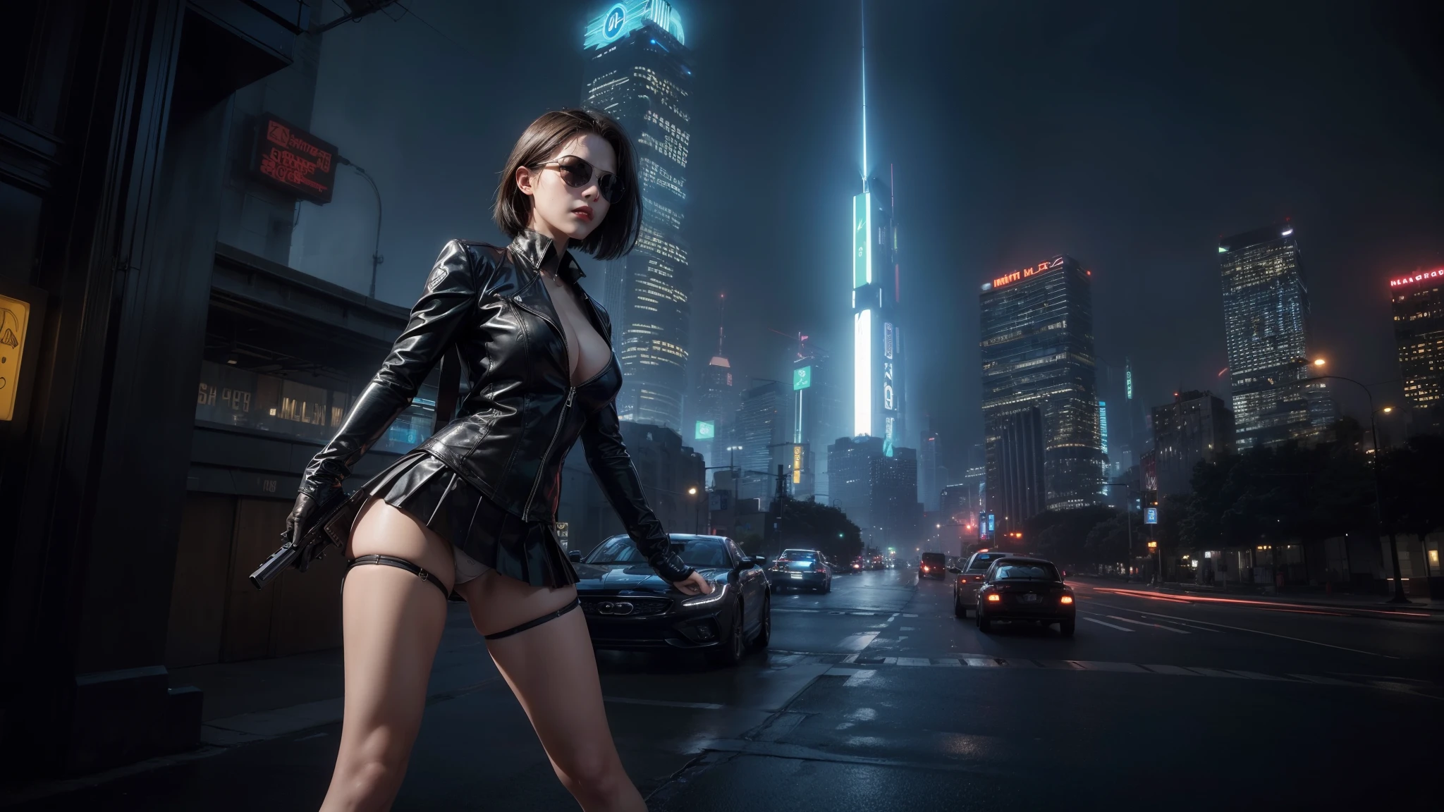 (Wide angle view). Matrix film inspired 1937 New York city, simple outlined neon tall buildings, glowing giant clock tower, cars, lightning, 3D rendering Beeple, Matrix-like glowing cascading code. At ht, (1girl, solo, alone), photorealistic, medium-breim:0.6 body, oval:0.5 face, cleavage:y costume withp-v, very low angle view of pleated miniskirt, white laced panty, ((upskirt)), g (Matrix lack micro sunglasses), ((aiming viewer with a short gun)), (half-body thigh level cloup shot), cinematic lighting, ray tracing.