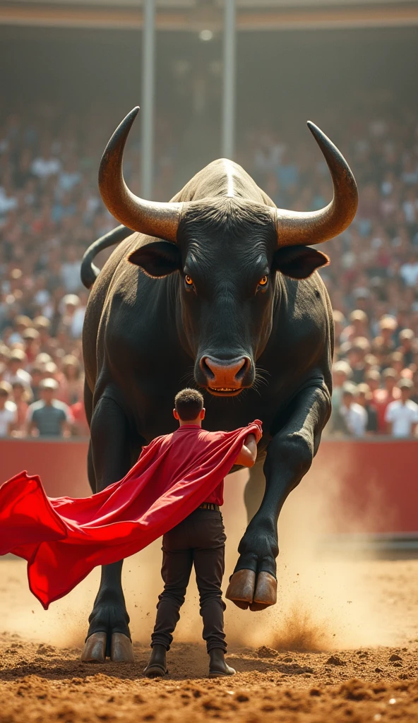 angry Bull Runing To attack on a person Standing With Showing Red Cloth To bull in Which Background is Full With Audience