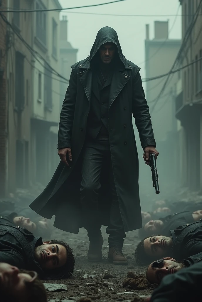 Create a image of person holding gun in his hand with some people killed around him