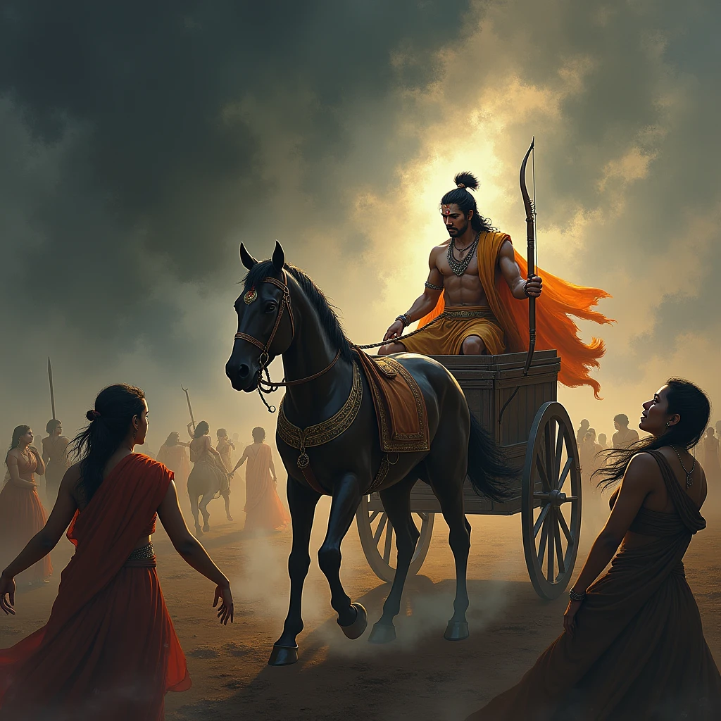 On the battlefield, visualize Arjuna in his chariot, his face etched with deep worry and sorrow. He is pointing towards the chaos around him, where the traditional societal structures are collapsing. Show the battlefield filled with confusion and disorder. In the foreground, depict spectral images of women from different families, their appearances becoming corrupted and distorted, symbolizing the degradation of moral values and the resulting chaos. These figures should appear distressed and disheveled, reflecting the loss of virtue and integrity. In the distance, the battlefield is shrouded in dark, swirling mists, representing the rise of adharma (unrighteousness). Krishna stands beside Arjuna, his expression calm yet serious, providing a counterpoint to Arjuna’s distress. The scene should emphasize the breakdown of social order and the moral crisis unfolding in the midst of the war