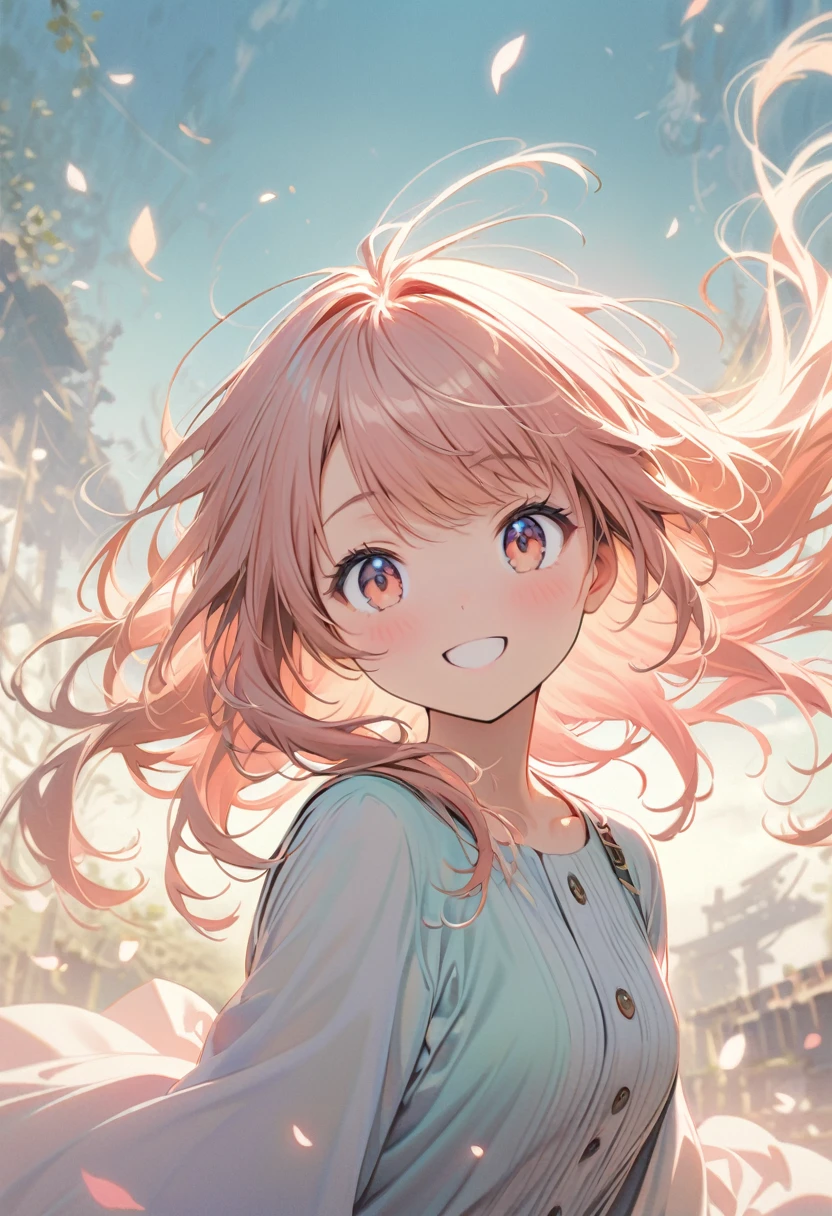 2.Create a 7D anime style portrait of a beautiful girl。big expressive eyes、Soft pastel colors、Features detailed, flowing hair。The background is minimalistic、Soft lighting accentuates character features。The overall atmosphere is calm and a little fantastical.。whole body。ultra-detailed。Big smile