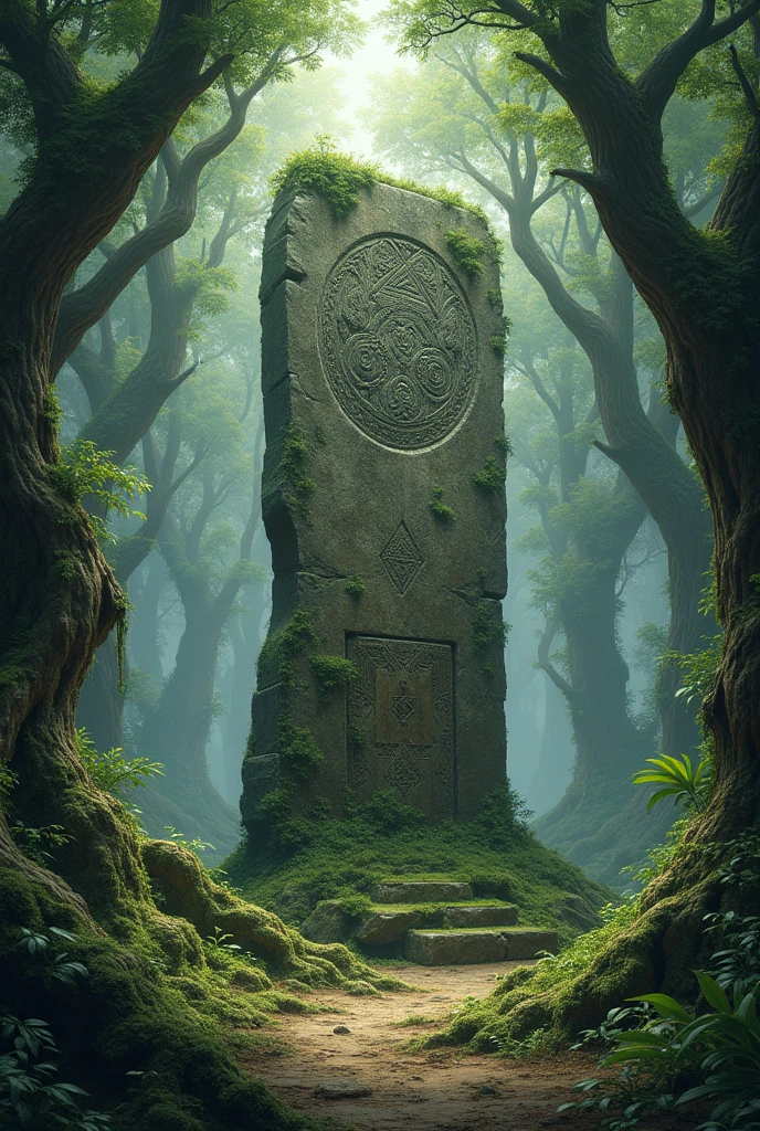 Create a ancient sacred stone in amidst a dense forest ancient