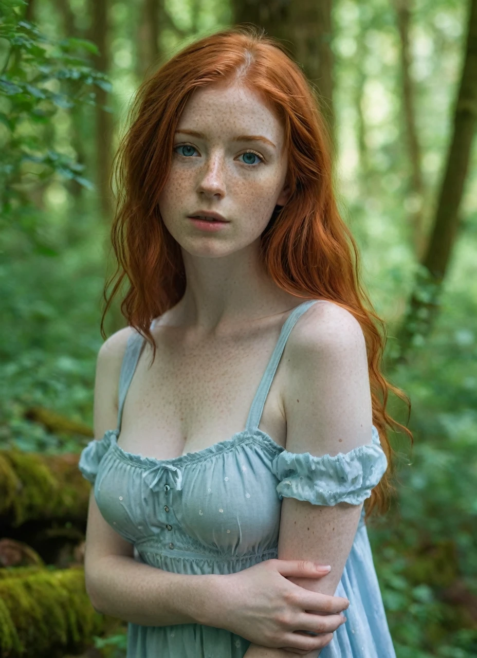 Girl, 19 years, redhead irish, Lovely, medium breasts, goddess body, Pale skin, with freckles, with short light blue babydoll, irish forest background, 8K photo quality, Realistic details, ultra definition. 